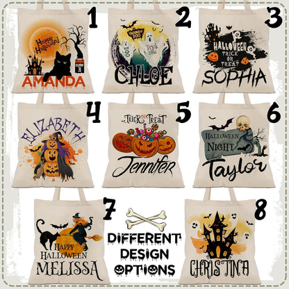 Custom Name Halloween Trick or Treat Canvas Tote Bags - Personalized Reusable 15x16" Gift Bag with Pumpkin, Skeleton, Ghost & Castle - Gift for Halloween Parties