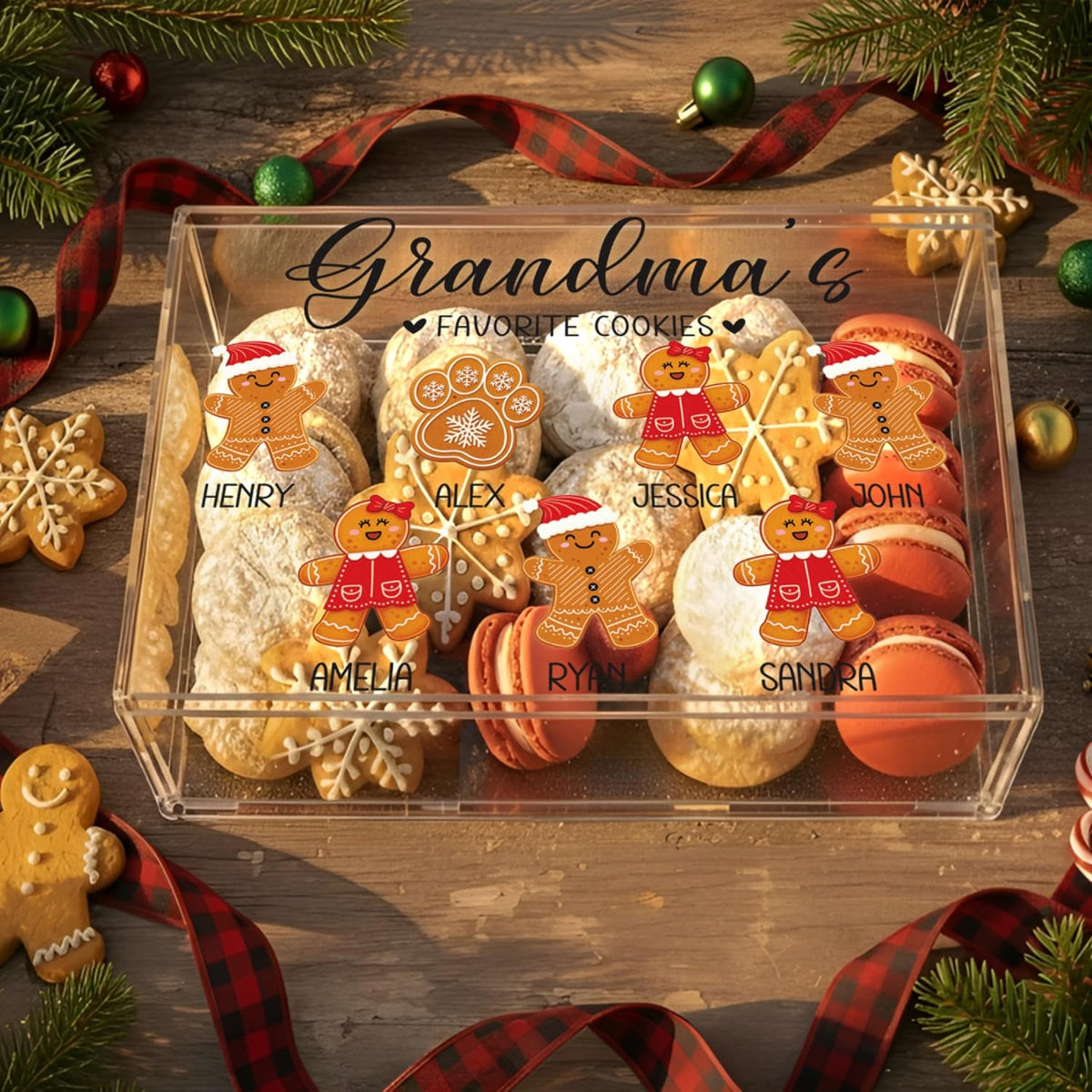 Tailored Moments Goods Personalized Christmas Cookie Box, Custom Acrylic Treat Container with Names & Gingerbread Icons, Grandma’s Favorite Cookies Storage Bin, Holiday Gift for Grandkids & Family