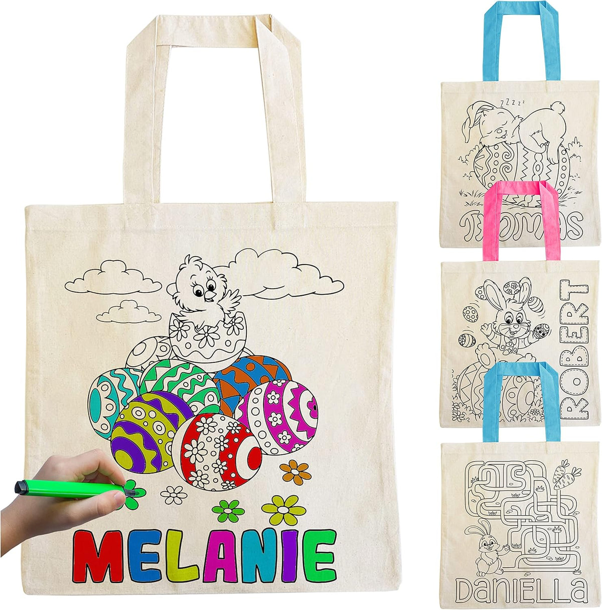Personalized DIY Easter Tote Bags Gift for Kids w/Name - 3 Color Handles & 6 Designs - Customized Monogrammed Colorable Bunny Totes Bags for Girls Boys - Egg Hunt Custom Reusable Canvas Gift Bags C1