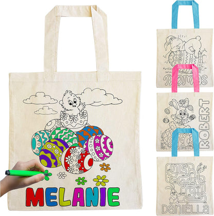 Personalized DIY Easter Tote Bags Gift for Kids w/Name - 3 Color Handles & 6 Designs - Customized Monogrammed Colorable Bunny Totes Bags for Girls Boys - Egg Hunt Custom Reusable Canvas Gift Bags C1