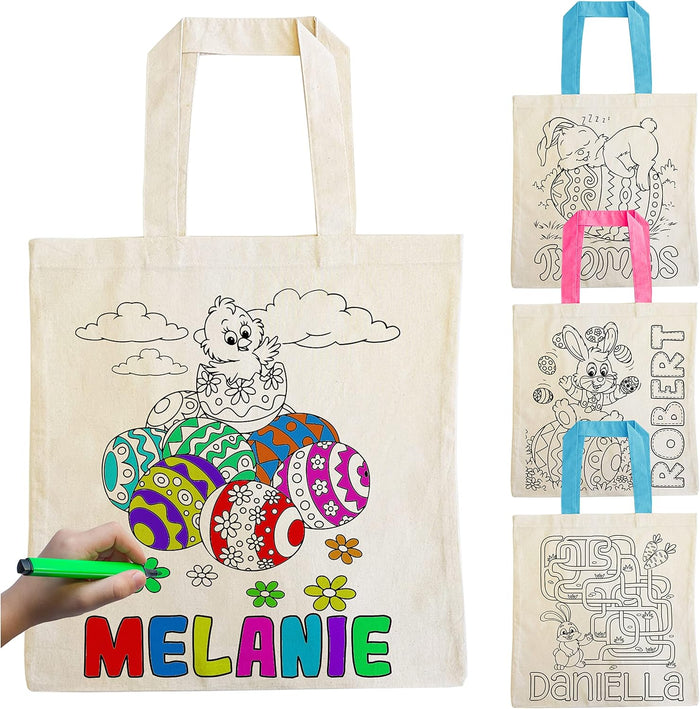 Personalized DIY Easter Tote Bags Gift for Kids w/Name - 3 Color Handles & 6 Designs - Customized Monogrammed Colorable Bunny Tote Bags for Girls Boys - Egg Hunt Custom Reusable Canvas Gift Bags