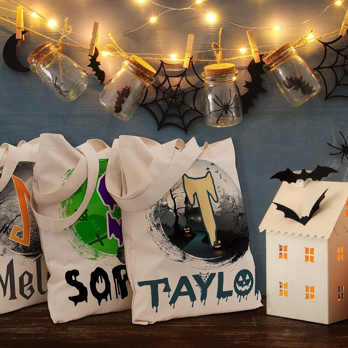 Custom Name & Initials Halloween Canvas Tote Bags - Personalized Trick or Treat Bag with Pumpkin, Skeleton, Ghost - Reusable 15x16" Gift Bag for Halloween Parties & Daily Use
