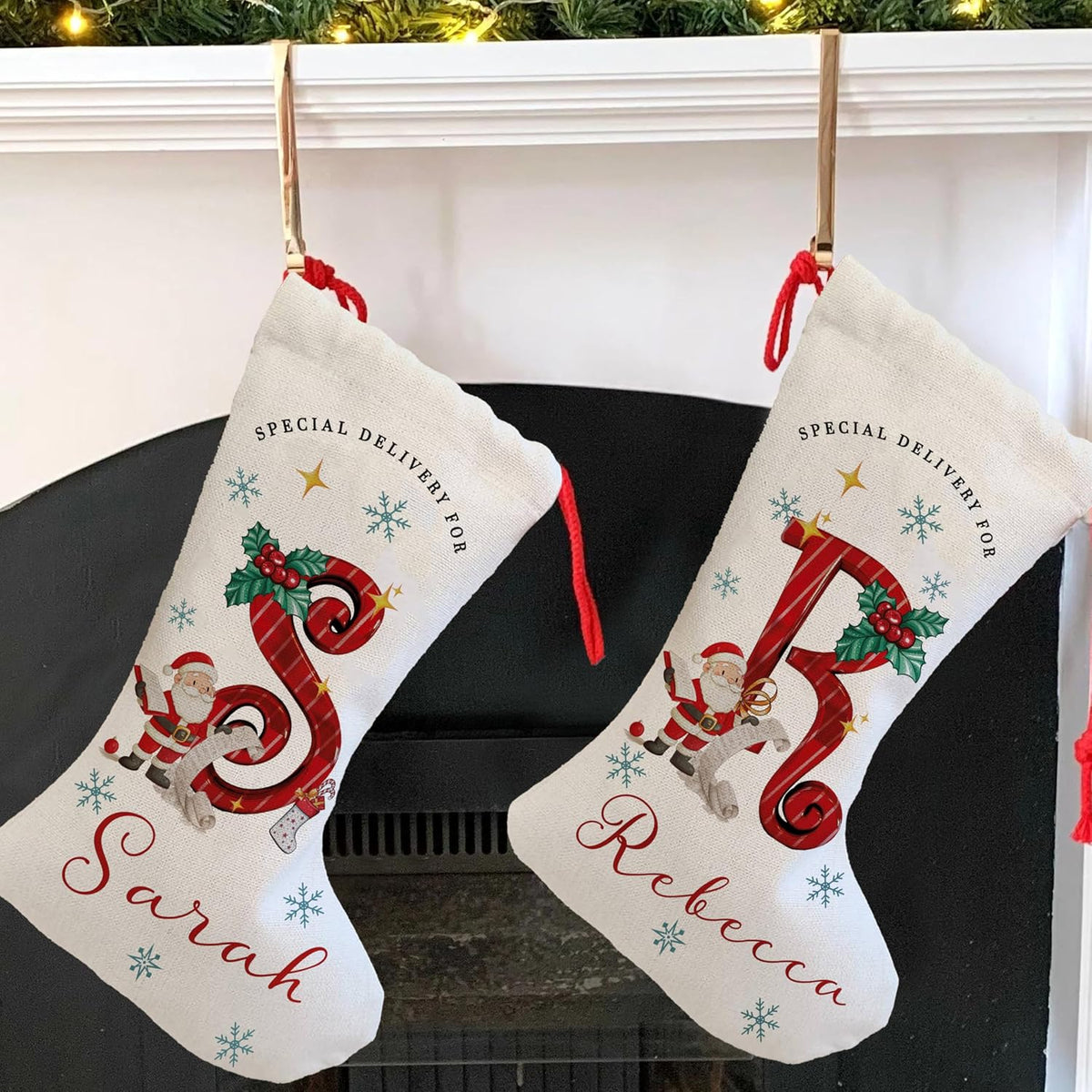 Custom White Christmas Stocking with Name & Initial - Personalize Holiday Stockings - Unique Christmas Decoration & Special Delivery Gift for Family, Friends, Mom, Dad & Loved Ones