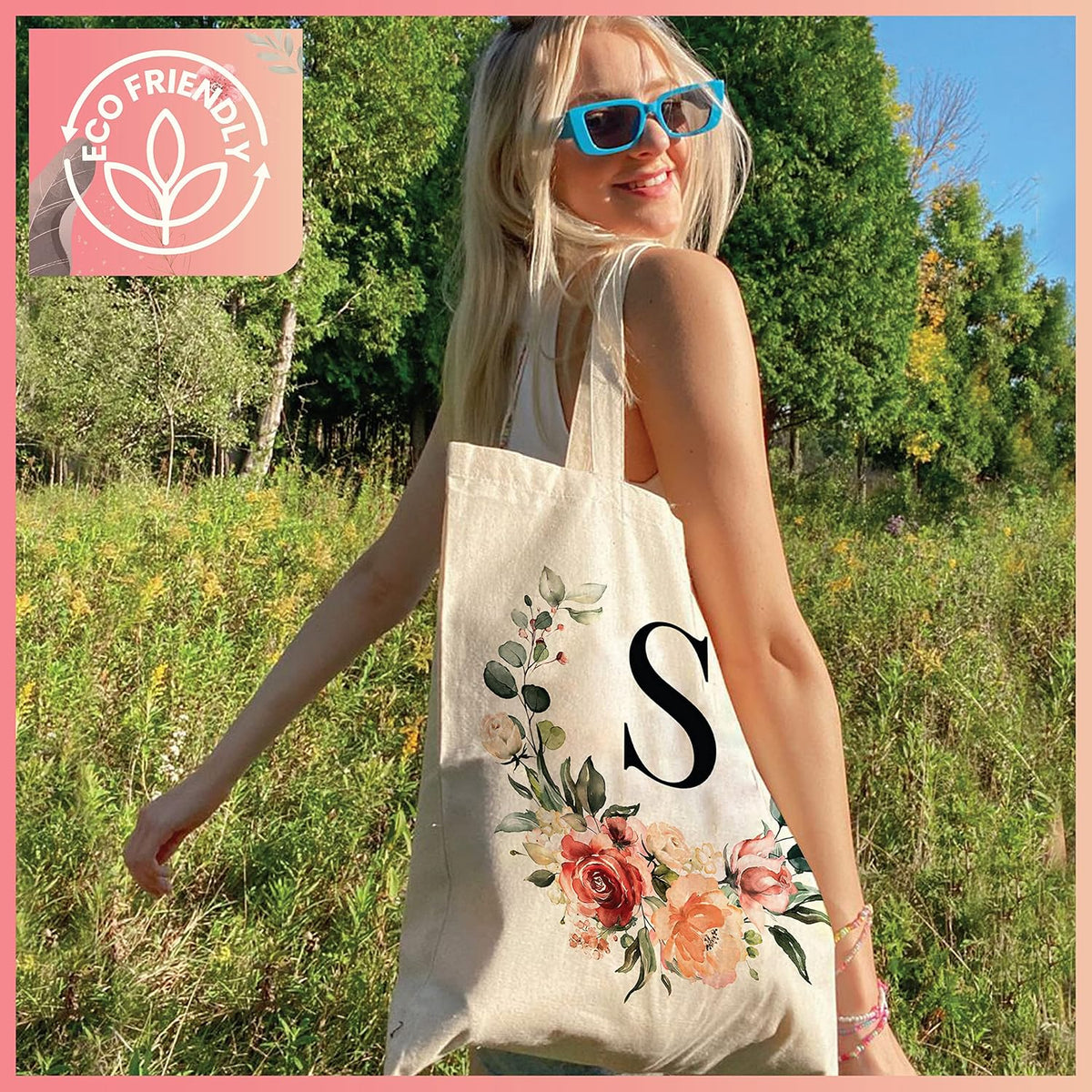 Floral Initial Tote Bag for Women - Personalized Canvas Bag for Bridesmaid Gifts - Monogrammed Aestetic Teacher Totes Bags (Initial #P)