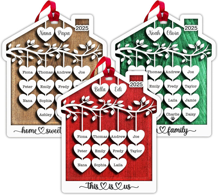 Personalized Family Tree Acrylic Ornament - Custom Heart Names Up to 15 Tags - Christmas Hanging Decoration for Home, Mother’s Day, 6 Background Color Options