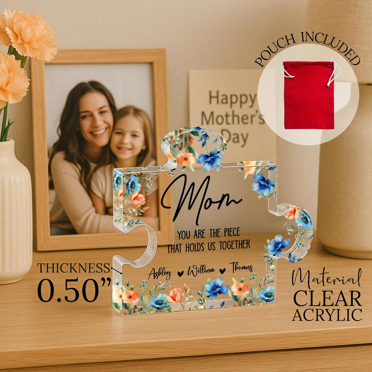 Personalized Acrylic Plaque Gift for Mom Grandma Nana - Custom Floral Name Keepsake for Mother’s Day, Birthday, Christmas - Clear Puzzle Block Home Table Decorative from Family