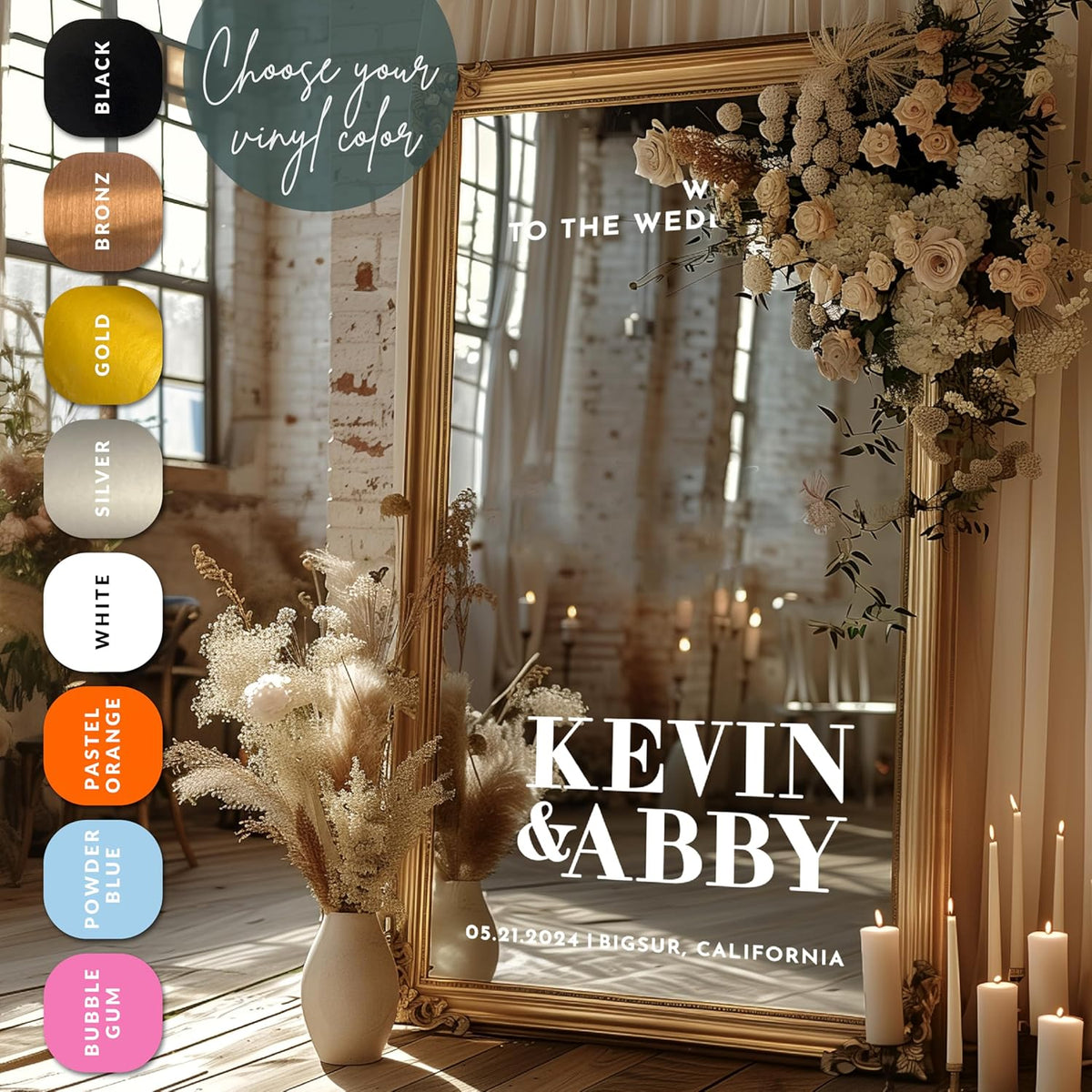 Personalized DIY Wedding Mirror Welcome Sign Decal - Custom Vinyl Sticker with Bride & Groom Names - Elegant Lettering for Bridal Shower, Reception Wall Decor, Event Signage
