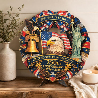 4th of July Front Door Wreath Personalized Family Name, USA 250th Anniversary 1776-2026, Patriotic Door Decor, American Flag Eagle Liberty Bell Sign, Independence Day Gift for Home