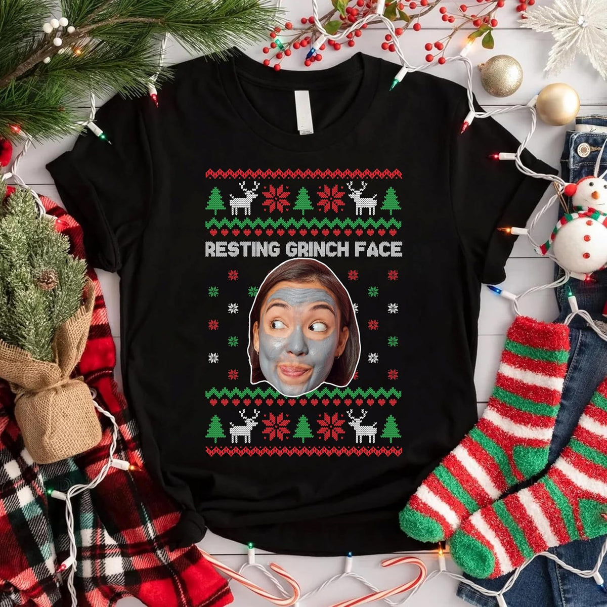 Personalized Ugly Christmas Funny Face Monogrammed Sweathirt & T-Shirt - Custom Graphic Tee in Multiple Colors - Add Your Text and Photo - Unique for Friends & Family, Office Party
