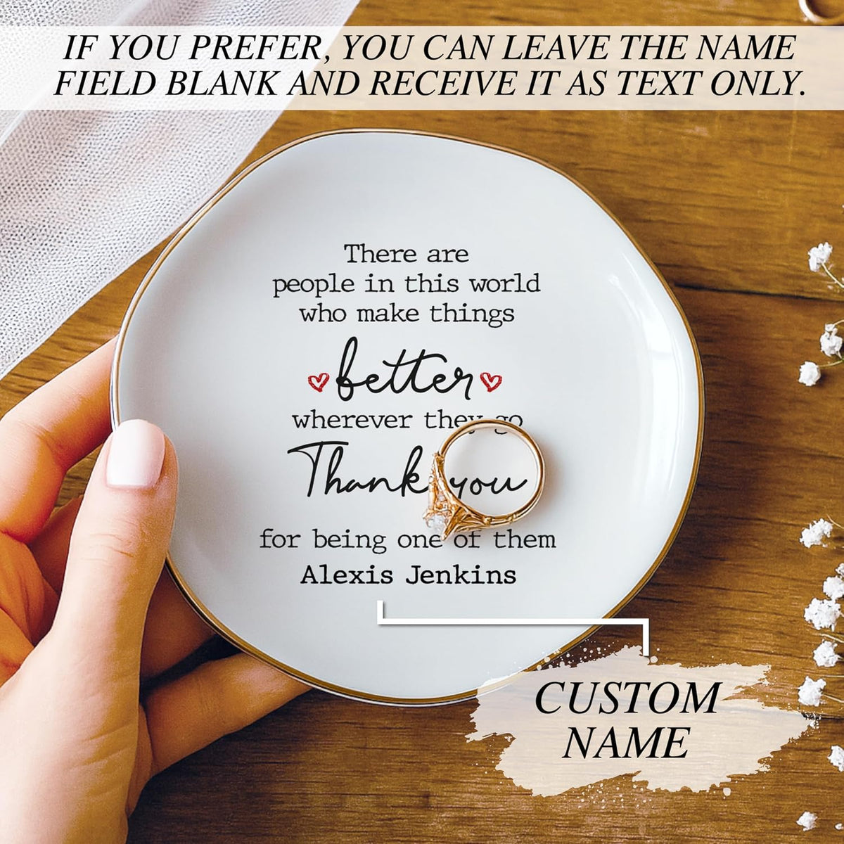 Personalized Thank You Jewelry Tray with Custom Name - Ceramic Jewelry Trinket Plate with Heartwarming Message - Appreciation Gift for Women, Nurse, Teacher, Mom, Best Friend, Birthday, Christmas