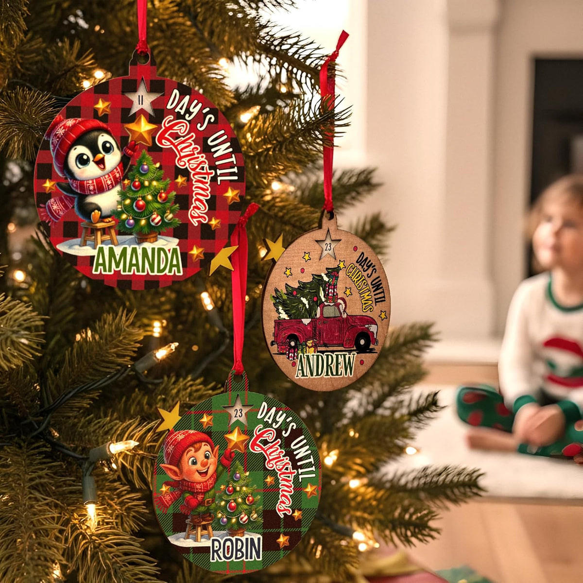 Personalized Christmas Countdown Ornament for Kids - Custom Name Holiday Tree Hanging Gift Decoration - 8 Design Options - Cute Reindeer, Elf, Santa, Penguin & Truck Themes for Boys & Girls