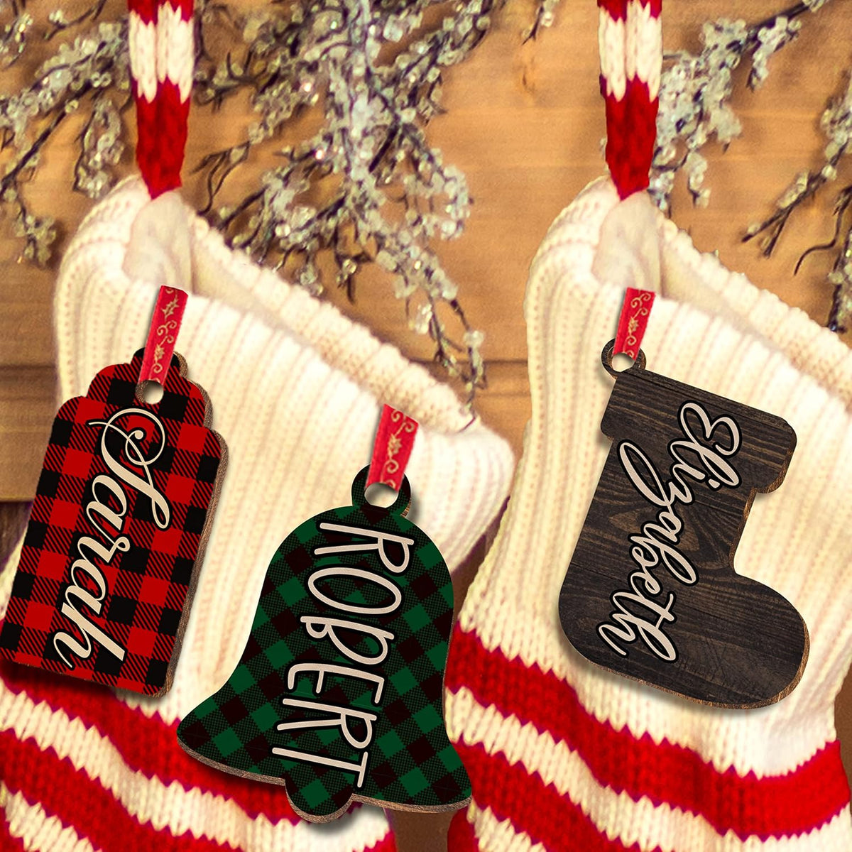 Personalized Wooden Christmas Name Tag, Custom Stocking Tag in 8 Shapes