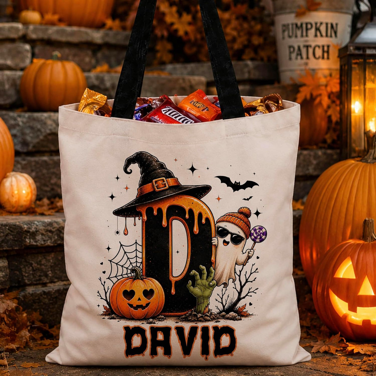 Personalized Halloween Tote Bag with Name, Custom Trick or Treat Gift