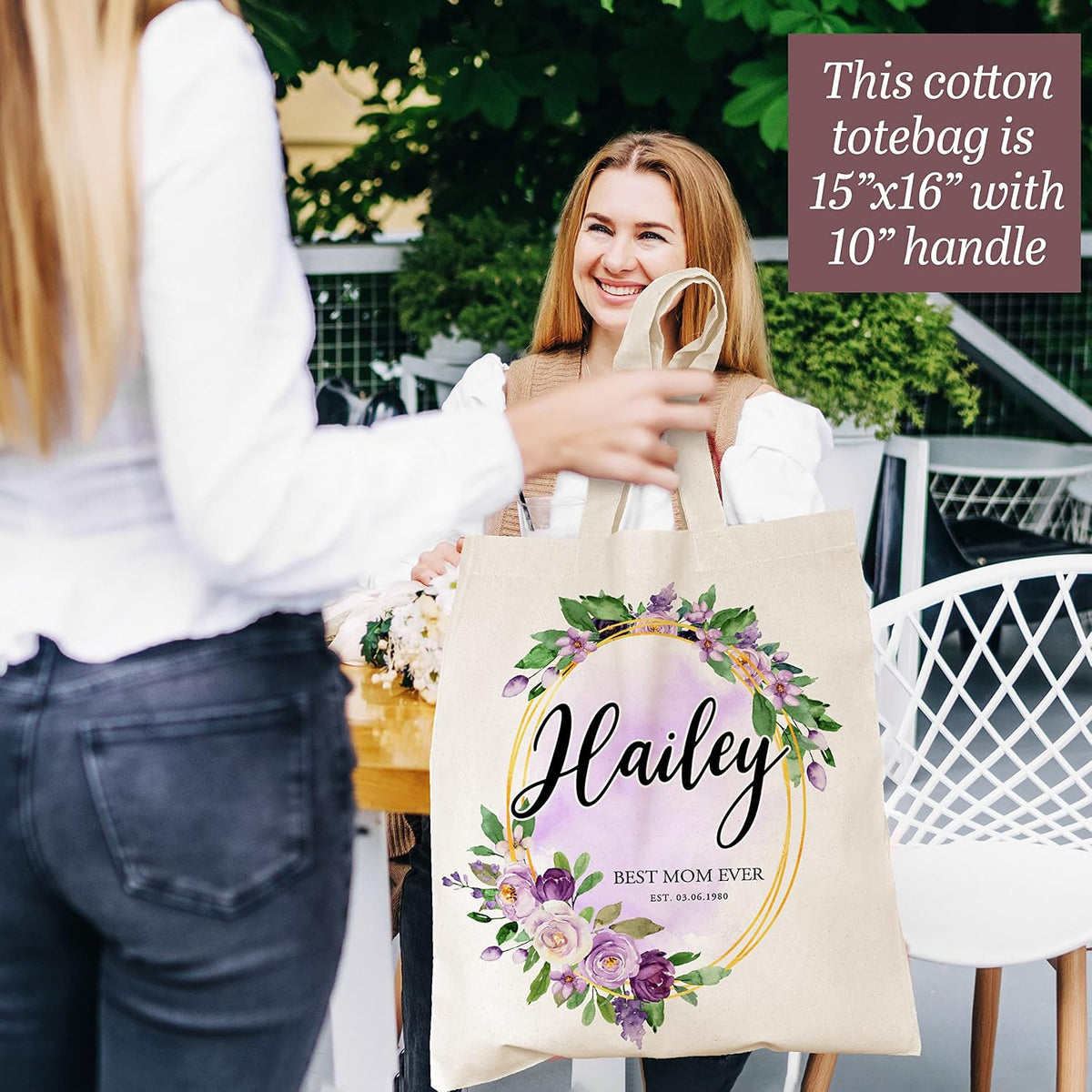 Personalized Mother's Day Tote Bag for Women w/Name - 3 Designs - Customized Floral Canvas Bag Gift for Mom - Custom Reusable Shopping Grocery Bag w/Text - Tote Bag Aesthetic Wedding Birthday Gifts C1