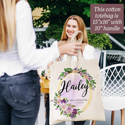 Personalized Mother's Day Tote Bag for Women w/Name - 3 Designs - Customized Floral Canvas Bag Gift for Mom - Custom Reusable Shopping Grocery Bag w/Text - Tote Bag Aesthetic Wedding Birthday Gifts C1