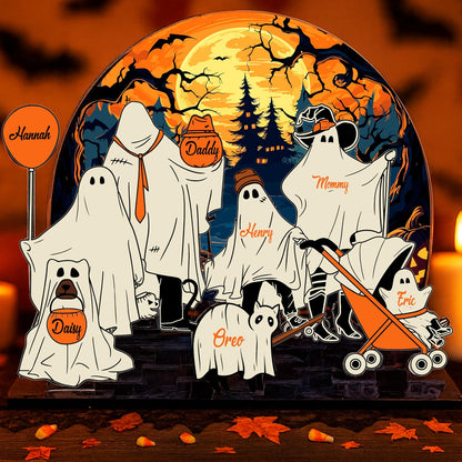 Personalized Halloween Ghost Family Acrylic Sign - Custom Name Spooky Decor for Mom Dad Kids Pets - Add Names & Choose Icons - Cute Haunted Scene Table Display for Fall Home Decoration Gift