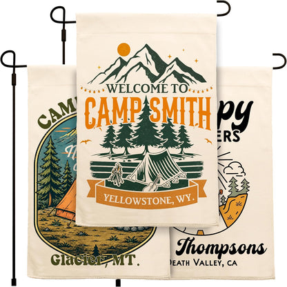 Personalized Camping Garden Flag 13x18 Inch Double Sided, Custom Family Name Welcome to Our Campsite Yard Flag