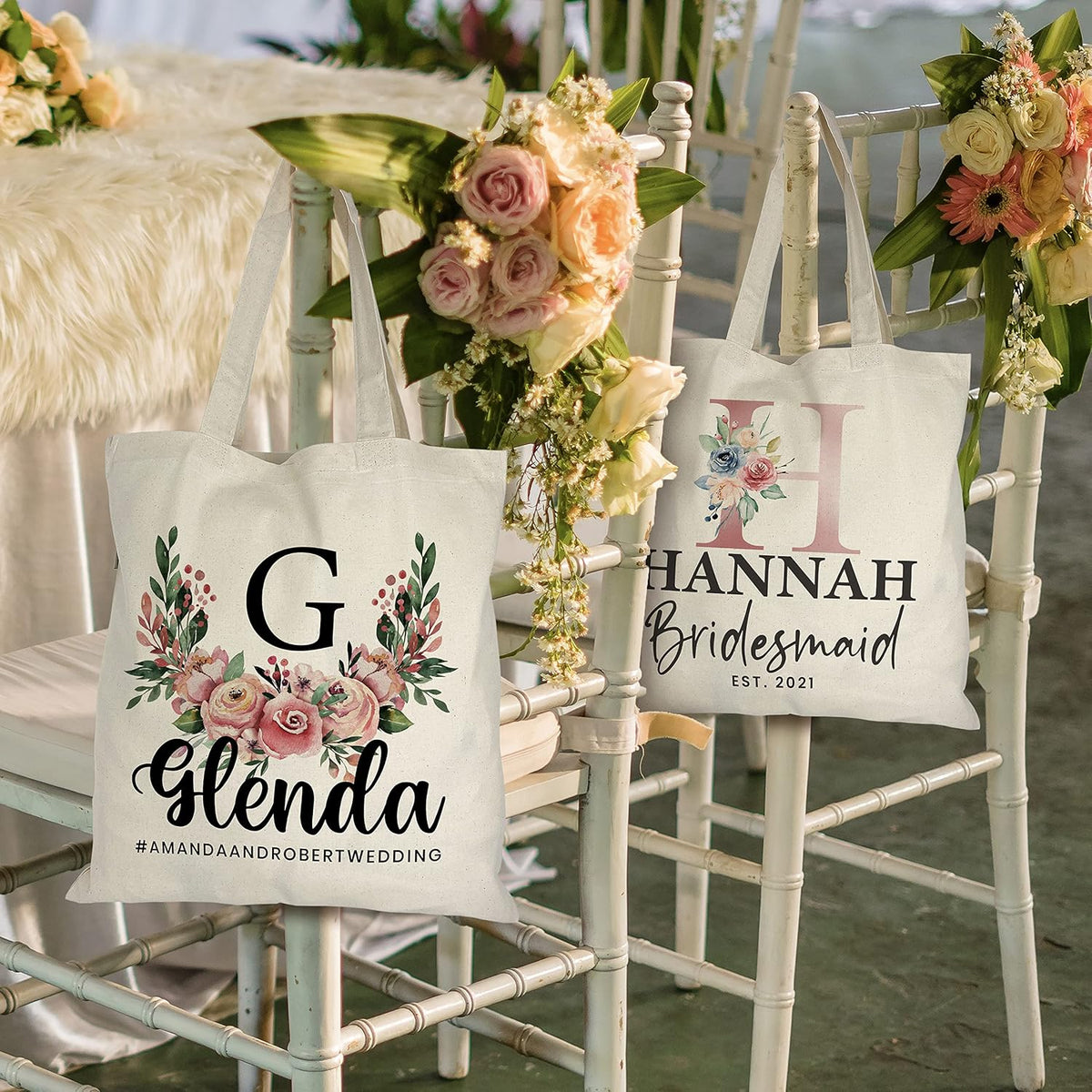 Personalized Floral Tote Bags Gift for Women w/Name Text Date - Customized Totes Bag for Beach Wedding Travel Work - Custom Flower Shoulder Bag - Custom Bachelorette Bridal Shower Birthday Gifts C1