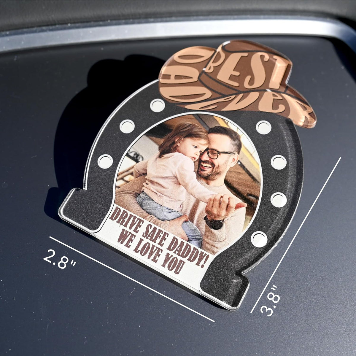 Personalized Drive Safe Daddy Photo Car Visor Sign – Custom Acrylic Cowboy Hat Visor Clip Gift from Kids – Unique Father's Day Keepsake with Text – Best Dad Ever Car Decoration