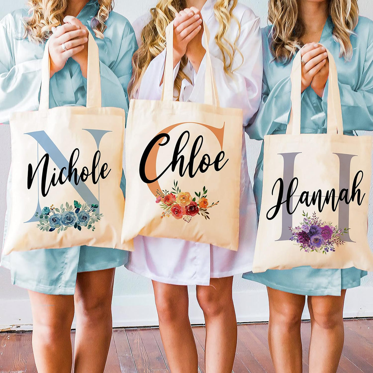 Personalized Bridesmaid Tote Bag with Initial and Name, Custom Floral Gift