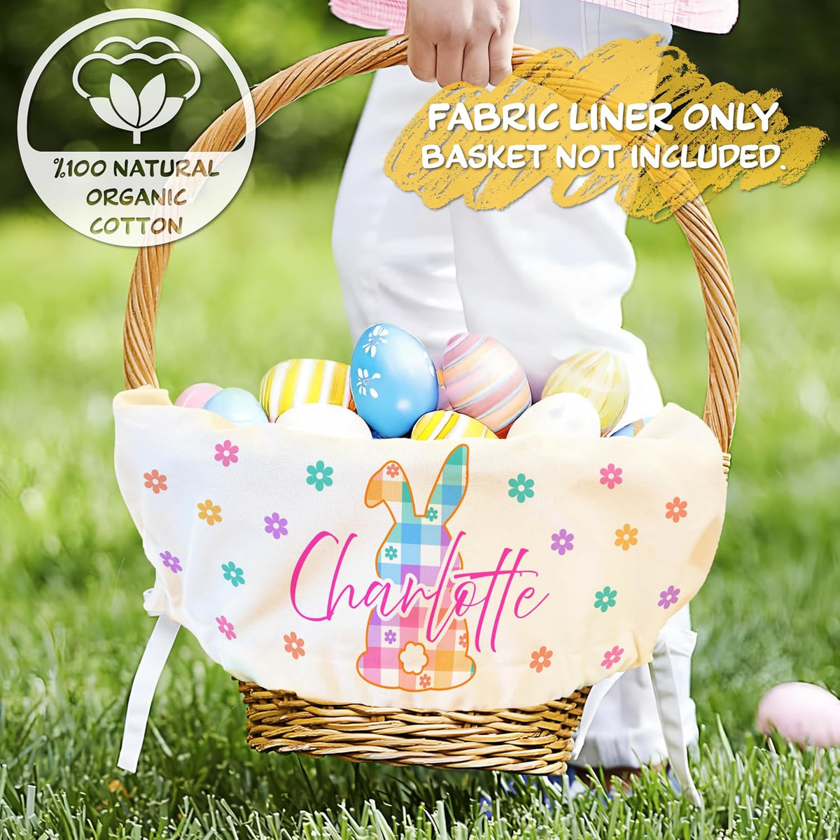 Personalized Easter Basket Liner with Name, Custom Bunny Egg Hunt Cover
