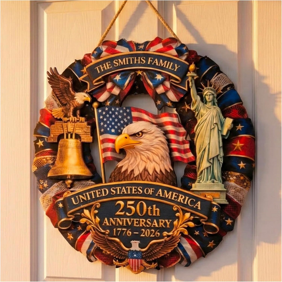 Custom Patriotic Wreath for Front Door, 4th of July Decorations Personalized Family Name Sign, USA 250th Anniversary 2026 Decor, American Flag Eagle Liberty Bell Wall Hanging, Independence Day Gift