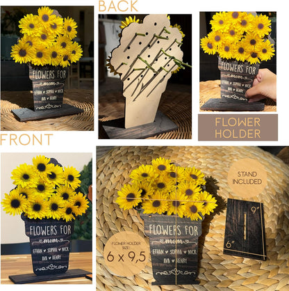 Personalized Wooden Flower Holder Gift for Mom, Grandma - Custom Mother's Day Wood Vase Keepsake with Kids' Names - DIY Real Flower Display with Stand, 6x9.5 Inches - Sympathy Gift