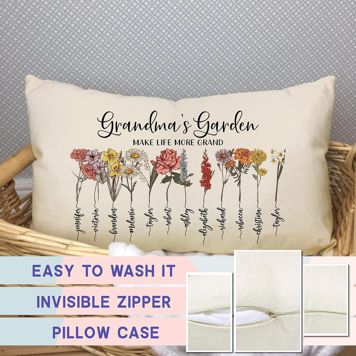 Zexpa Apparel Customized Mothers Day Lumbar Pillow Cover Personalized Grandma's Garden Flowers