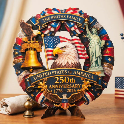 Custom Patriotic Wreath for Front Door, 4th of July Decorations Personalized Family Name Sign, USA 250th Anniversary 2026 Decor, American Flag Eagle Liberty Bell Wall Hanging, Independence Day Gift