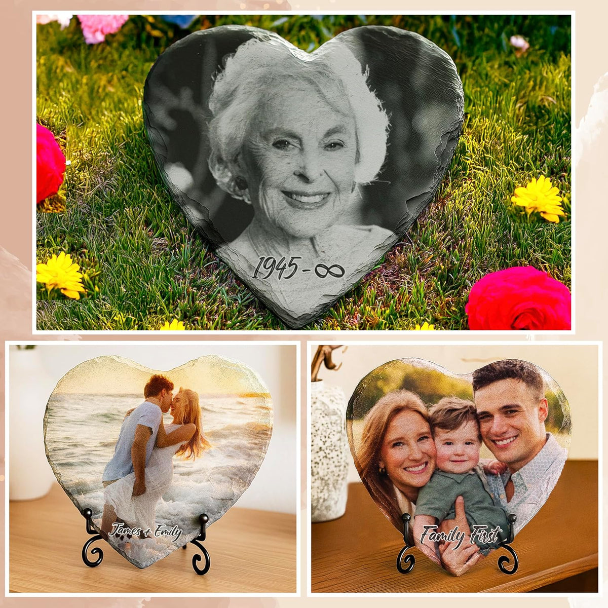 Personalized Heart Shaped Slate Photo Plaque, Custom Stone Gift for Mom Dad
