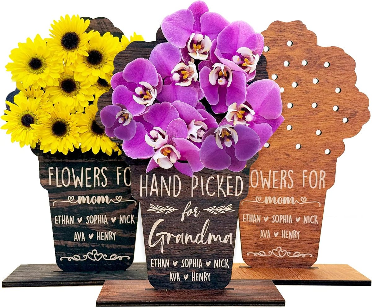 Personalized Wooden Flower Holder Gift for Mom, Grandma - Custom Mother's Day Wood Vase Keepsake with Kids' Names - DIY Real Flower Display with Stand, 6x9.5 Inches - Sympathy Gift