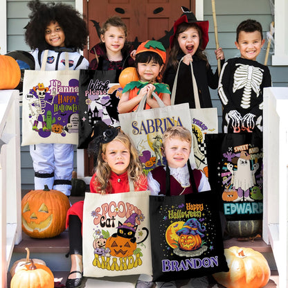Personalized Halloween Canvas Tote Bag with Name, Custom Pumpkin Ghost Gift