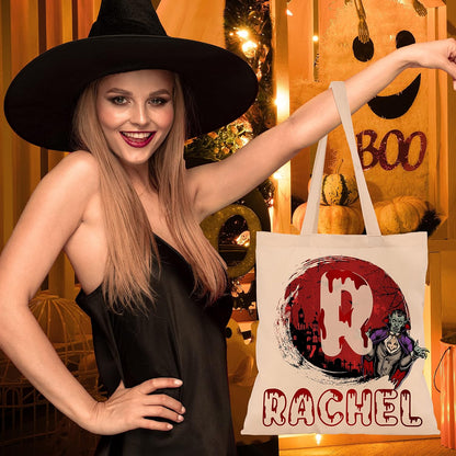 Custom Name & Initials Halloween Canvas Tote Bags - Personalized Trick or Treat Bag with Pumpkin, Skeleton, Ghost - Reusable 15x16" Gift Bag for Halloween Parties & Daily Use