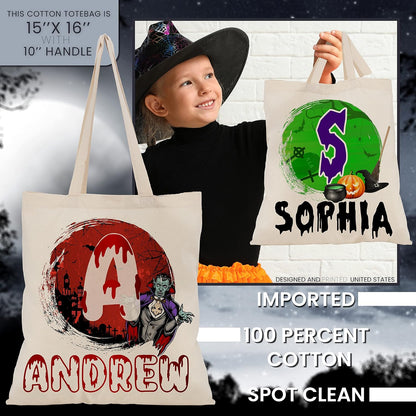 Custom Name & Initials Halloween Canvas Tote Bags - Personalized Trick or Treat Bag with Pumpkin, Skeleton, Ghost - Reusable 15x16" Gift Bag for Halloween Parties & Daily Use