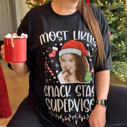Custom Christmas Most Likely T-Shirt - Personalized Santa Photo Holiday Tee for Office Party - Add Your Image, Funny Graphic, Custom Text, Xmas Gift for Women, Men, or Friends Multi