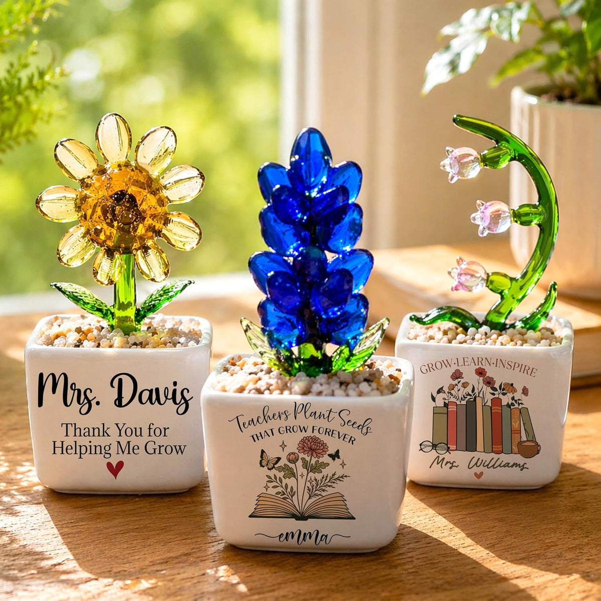 Custom Teacher Appreciation Gift, Handmade Glass Flower Plant in Personalized Ceramic Pot, Thank You for Helping Me Grow, Unique End of Year Teacher Gift from Student, Keepsake Desk Decor