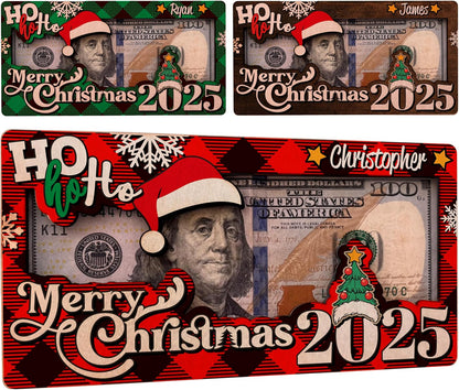 Personalized Christmas Money Holder Card 2025 - Custom Wooden Merry Christmas Bill Frame Gift with Santa Hat Tree & Name - Holiday Cash Holder for Kids, Teens, Family, Friends, Adults