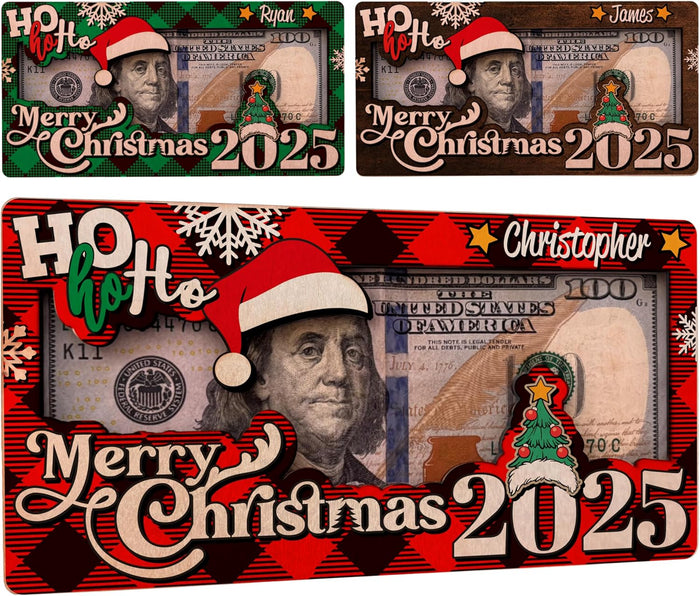 Personalized Christmas Money Holder Card 2026 - Custom Wooden Merry Christmas Bill Frame Gift with Santa Hat Tree & Name - Holiday Cash Holder for Kids, Teens, Family, Friends, Adults