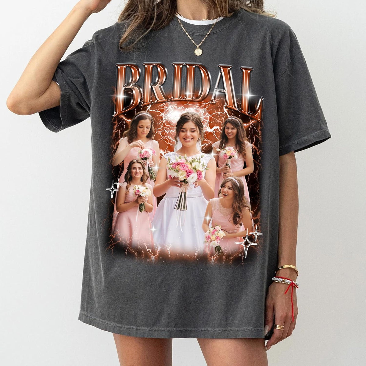 Personalized Bridesmaids Graphic T-Shirt with Custom Photo Collage - Bootleg Retro Style Wedding Party Shirt for Bachelorette, Bridal Shower, Bride Tribe Gifts - Add Pictures & Text