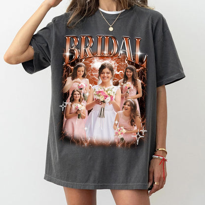 Personalized Bridesmaids Graphic T-Shirt with Custom Photo Collage - Bootleg Retro Style Wedding Party Shirt for Bachelorette, Bridal Shower, Bride Tribe Gifts - Add Pictures & Text
