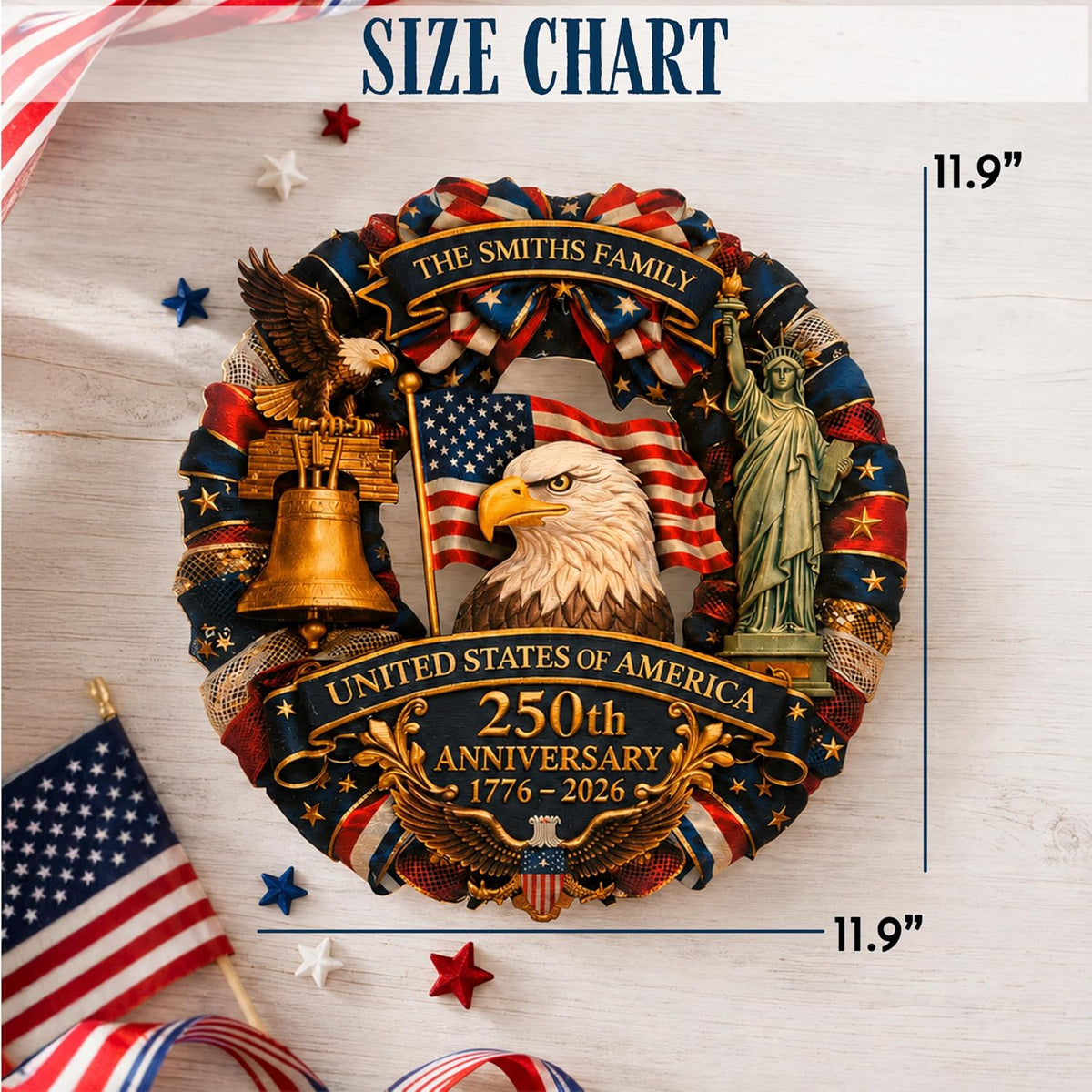 4th of July Front Door Wreath Personalized Family Name, USA 250th Anniversary 1776-2026, Patriotic Door Decor, American Flag Eagle Liberty Bell Sign, Independence Day Gift for Home