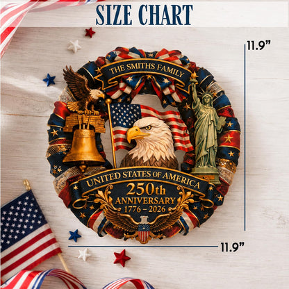 4th of July Front Door Wreath Personalized Family Name, USA 250th Anniversary 1776-2026, Patriotic Door Decor, American Flag Eagle Liberty Bell Sign, Independence Day Gift for Home