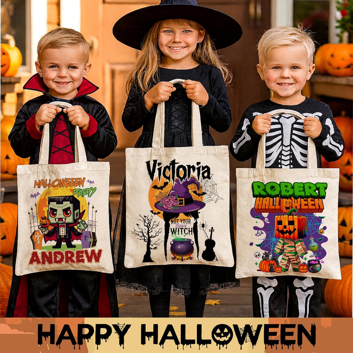 Custom Halloween Trick or Treat Bag, Custom Spooky Candy Tote for Boys&Girls
