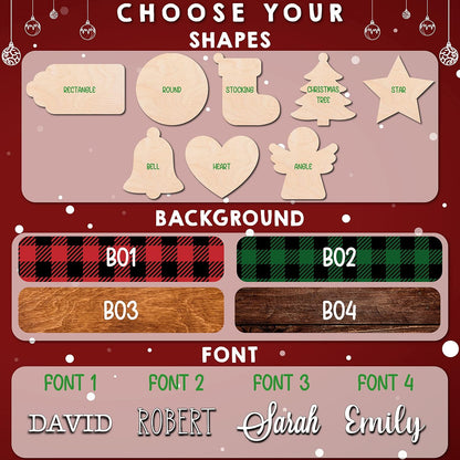 Personalized Christmas Name Tag w/Name - 4 Background & 8 Shapes - Customized Christmas Stocking Tags for Stocking - Round Wood Gift Tag for Xmas Decor - Custom Wooden Rectangular Nametag Gift Card C2