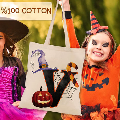People People Halloween Initial Tote Bags Gifts for Boys Girls - Trick or Treat Letters Pumpkin Goodie Bag