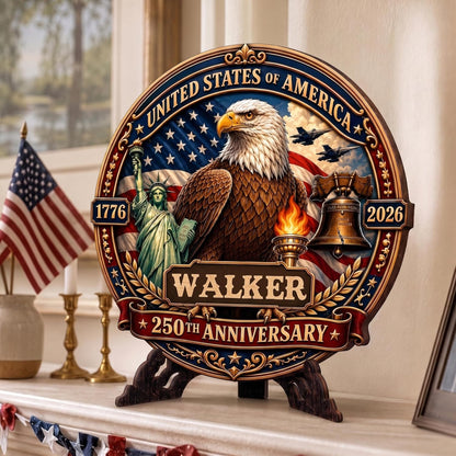 Personalized Eagle Patriotic Door Sign for Front Door, Custom Family Name America 250th Anniversary Wooden Door Hanger, USA 1776-2026 Independence Day 4th of July Wall Decor