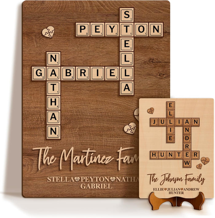 Personalized Family Puzzle Name Sign – Custom Crossword Wall Art with Stand or Hanging Option – Wooden Style Decor for Home – Mother’s Day, Father’s Day, or Unique Gift for Parents & Grandparents