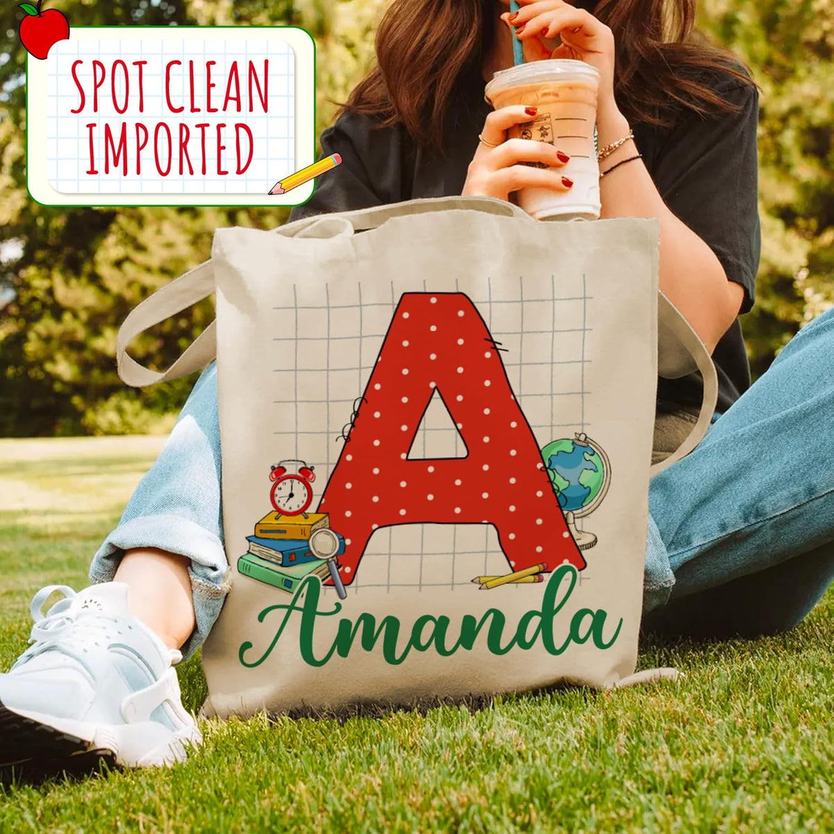 Personalized Teacher Tote Bag with Name – Custom Monogrammed Canvas Shoulder Bag – 6 Aesthetic Designs – Teacher Appreciation, Birthday, Christmas Gift for Women, School or Everyday Use
