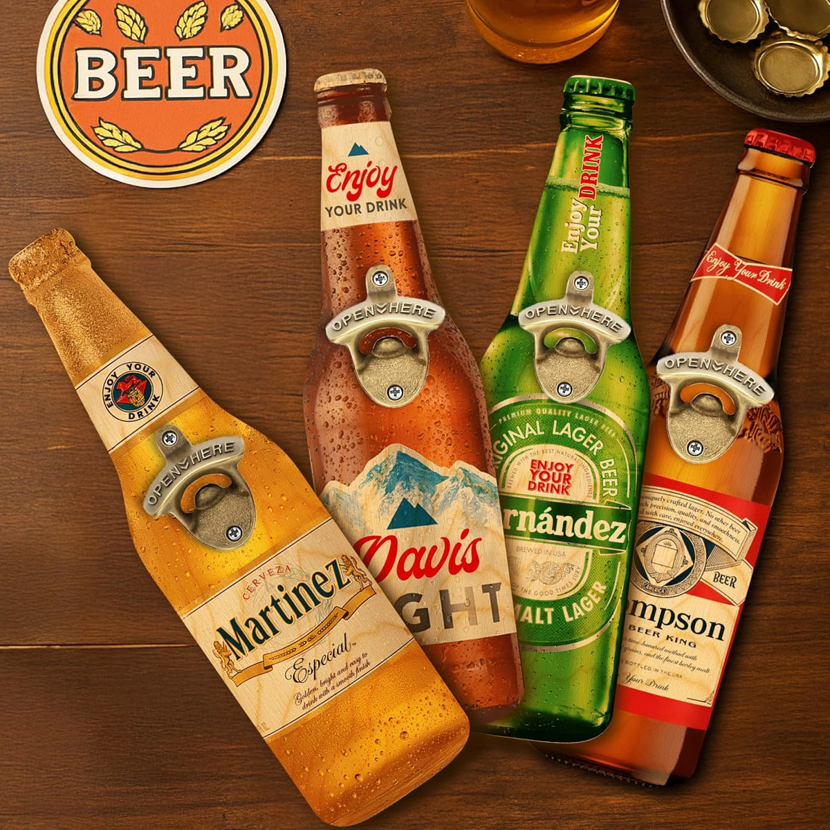 Personalized Wall Mounted Bottle Opener Beer Sign Gift for Dad – Custom Beer Shape Bar & Home Decor Accessory with Name – Unique Father’s Day, Christmas Gift for Him – Rustic Man Cave Decor