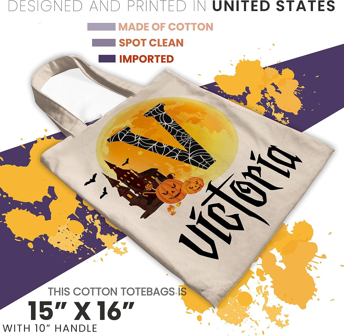Custom Halloween Tote Bags w/Name - 6 Design - 15"x16" - Personalized Halloween Initial Moon Haunted Castle Pumpkin Ghost Skull Black Cat Gnome Skeleton Totes Bags - Custom Large Goodie Bag Gift C1